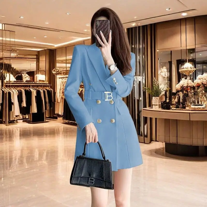 2025 New Spring Autumn Chic Casual Outwear Jacket Outwear Women's Belt Medium Long Double Row Long Sleeve Professional Suit Tops