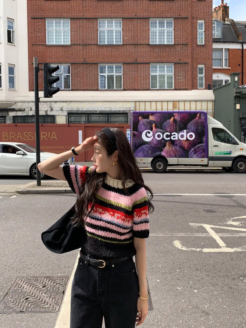 Chic Vintage Heavyweight Knitted Loose ort Sve Striped Sweater for Women Summer Collection oulder Sve