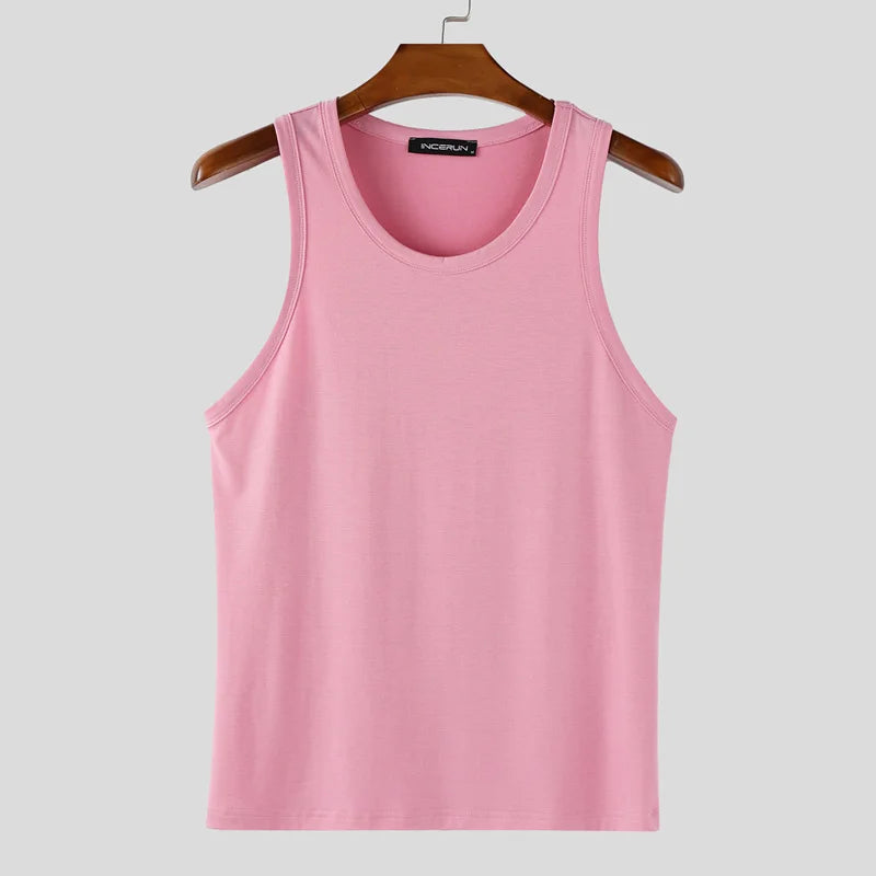 INCERUN Men Tank Tops Solid Color O-neck Sleeveless Casual Male Vests Summer Streetwear 2025 Fashion Skinny Leisure Men Clothing