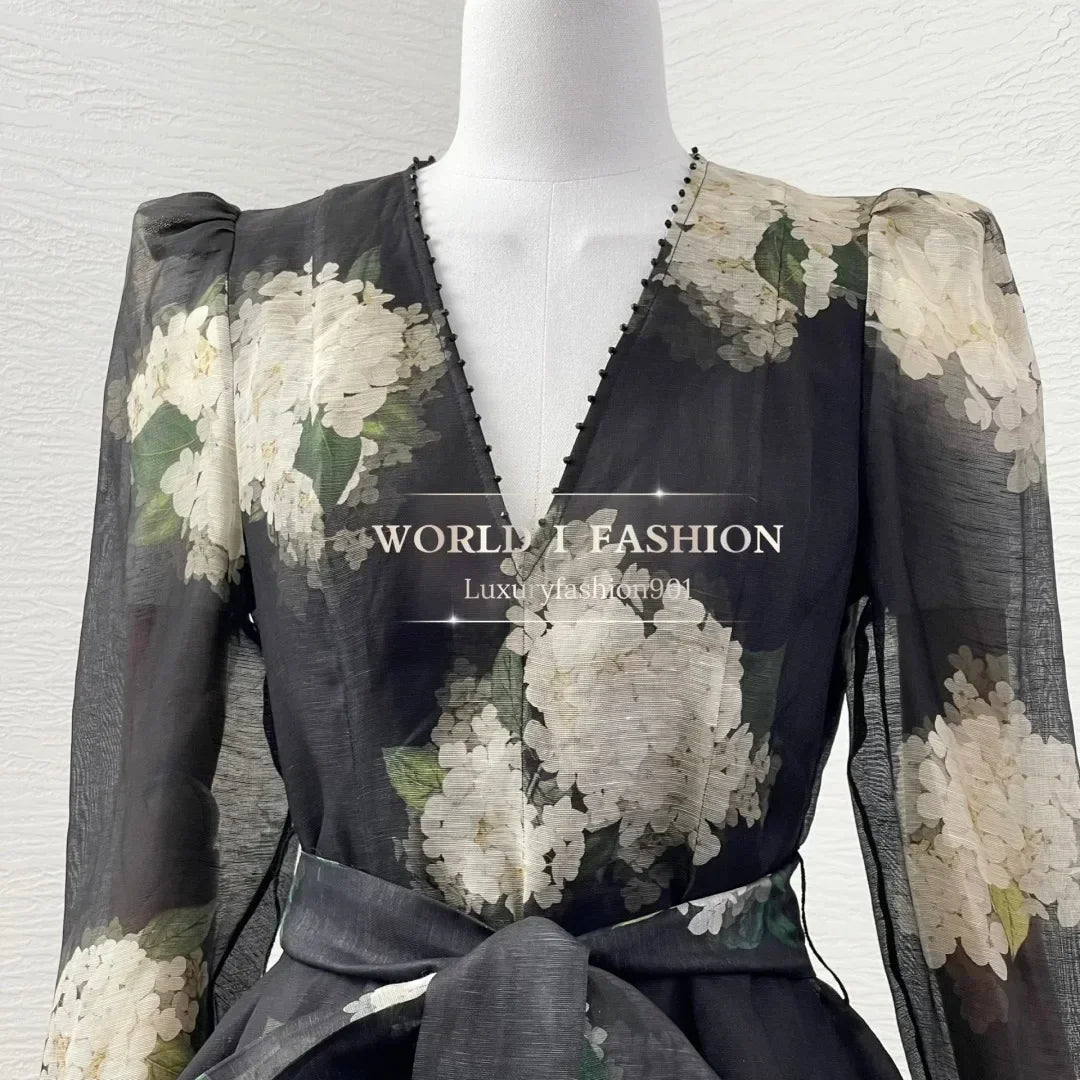 Romantic Style Women Dress Australia Luxury Design Black Hydrangea Butterfly Sleeve Mini Dresses for Summer Vacation