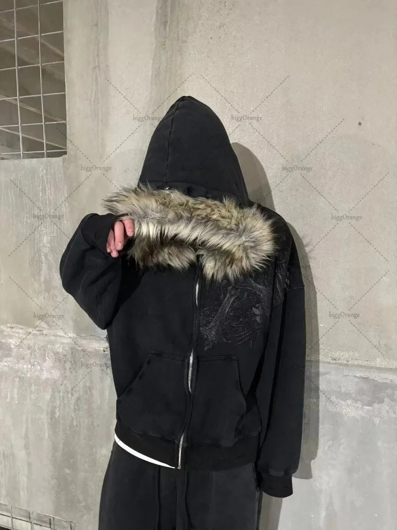 Gothic Harajuku Retro Skull Zipper Hoodie Men Streetwear Y2K Fur Collar Jacket Trendy Hip Hop Casual Oversized Sweatshirt Women