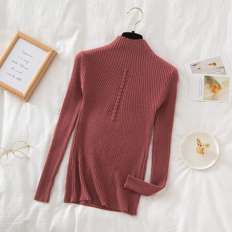 Women Turtleneck Pullovers Autumn Winter Jumper Knitted Basic Top Fashion Solid Color with Button Long Sleeve Ladies Sweater