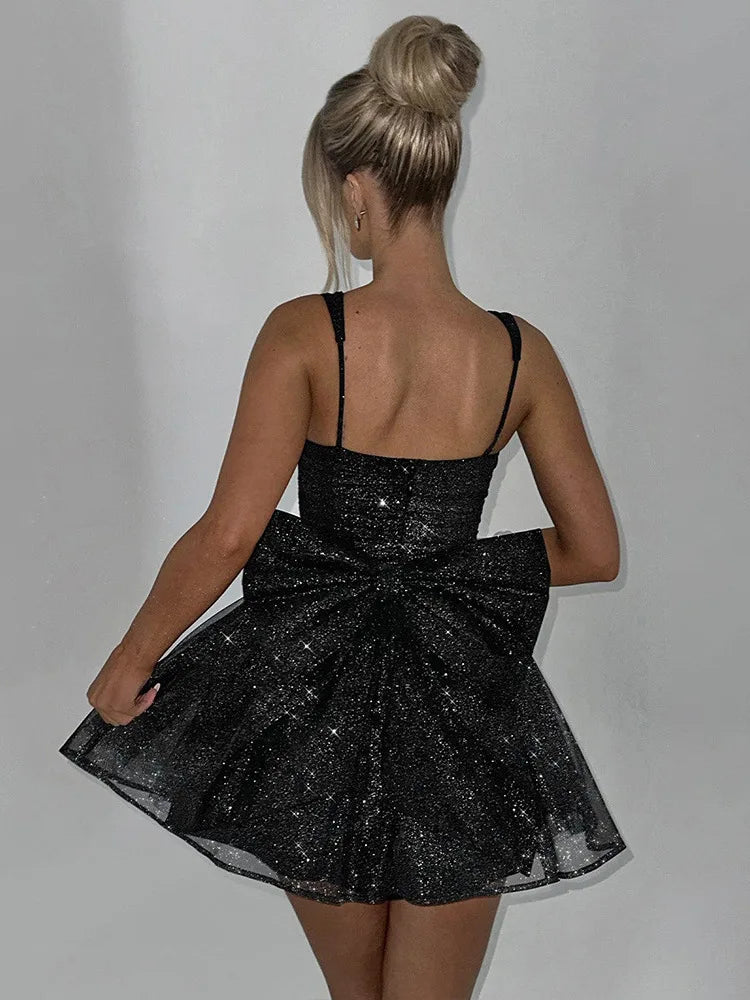 Articat Sexy Mesh Spaghetti Strap Double-layer Short For Women Elegant Sleeveless Backless Tight Shiny Bow Evening Dress 2025
