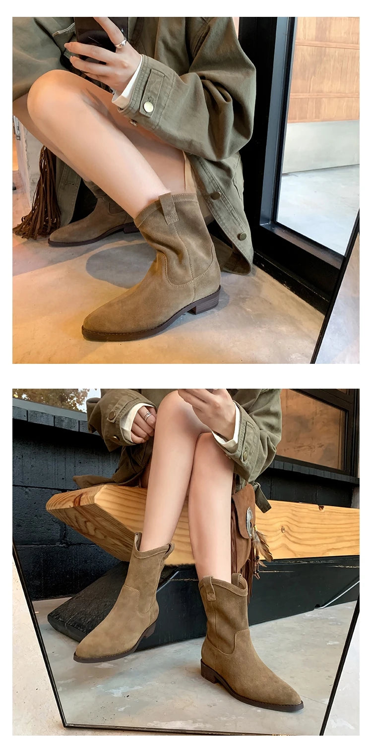 Genuine Leather Western Cowboy Boots Women's Boots arp Toe Chunky Heel Autumn Winter Knight Sle Faion Boots