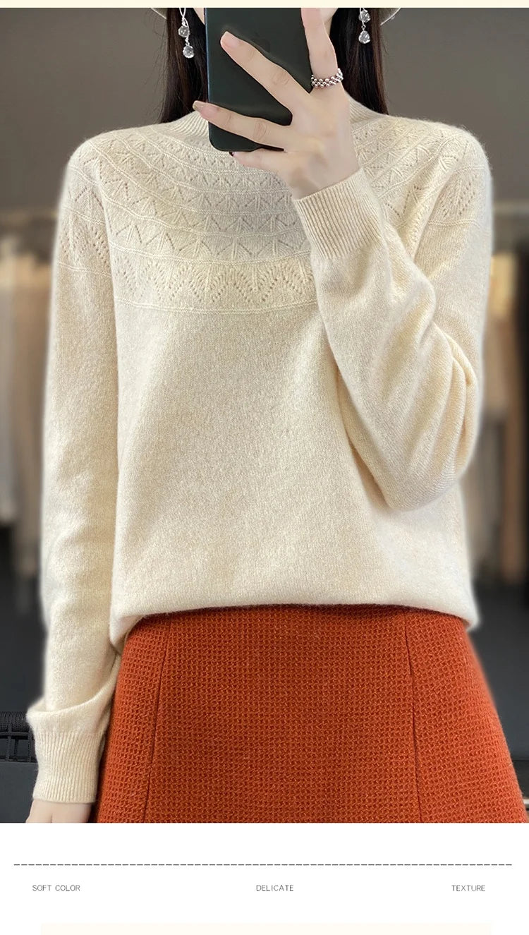 2024 New Line Of Garment Hollowed Out Half Height Women's High-grade Woolen Sweater 100% Pure Wool Multi-color Option WQ