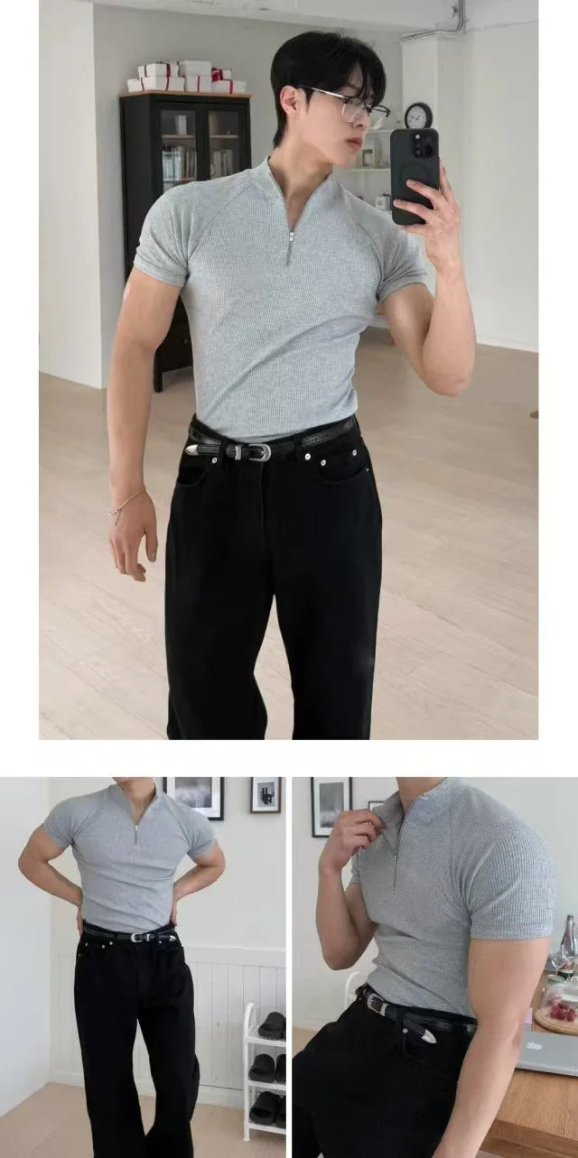 Summer New Men's Sportswear Casual Running And Fitness Stretch Solid Color Zipper Simple Striped Thick Short-sleeved T-shirt
