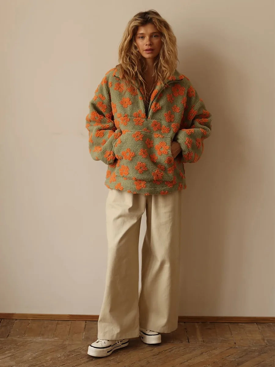 Talenza Fashion Print Pullover Contrast Oversized Zipper Knit Long-Sleeve Top Casual Warm Office Wear Vintage Women Sweatshirts