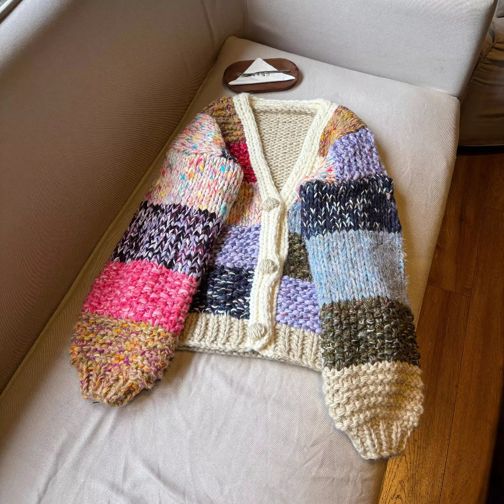 2025 Early Spring Handmade Chunky Knit Patchwork Plaid Cardigan Button Front Vintage Loose Knit Sweater Jacket for Women