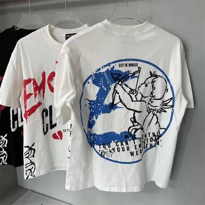 Oversized MIXED EMOTION White T-Shirts Men Women Pure Cotton Casual Red Hot Drill Letters Tshirts