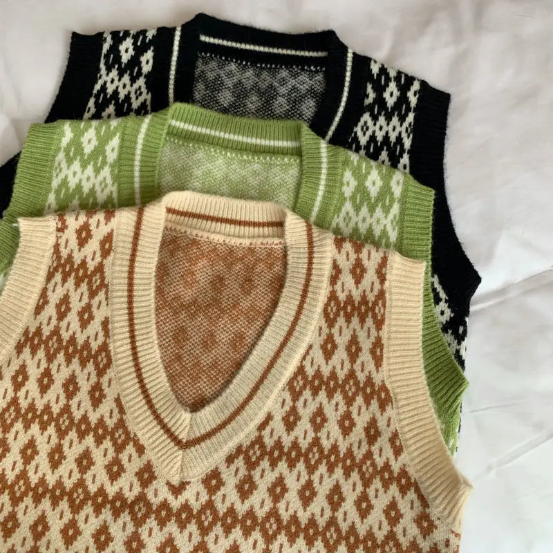 Women Sweater Vest Spring Autumn Fashion Female Casual Loose V-neck Knitted Waistcoat Sleeveless Sweater Pullover Tops Knit Vest