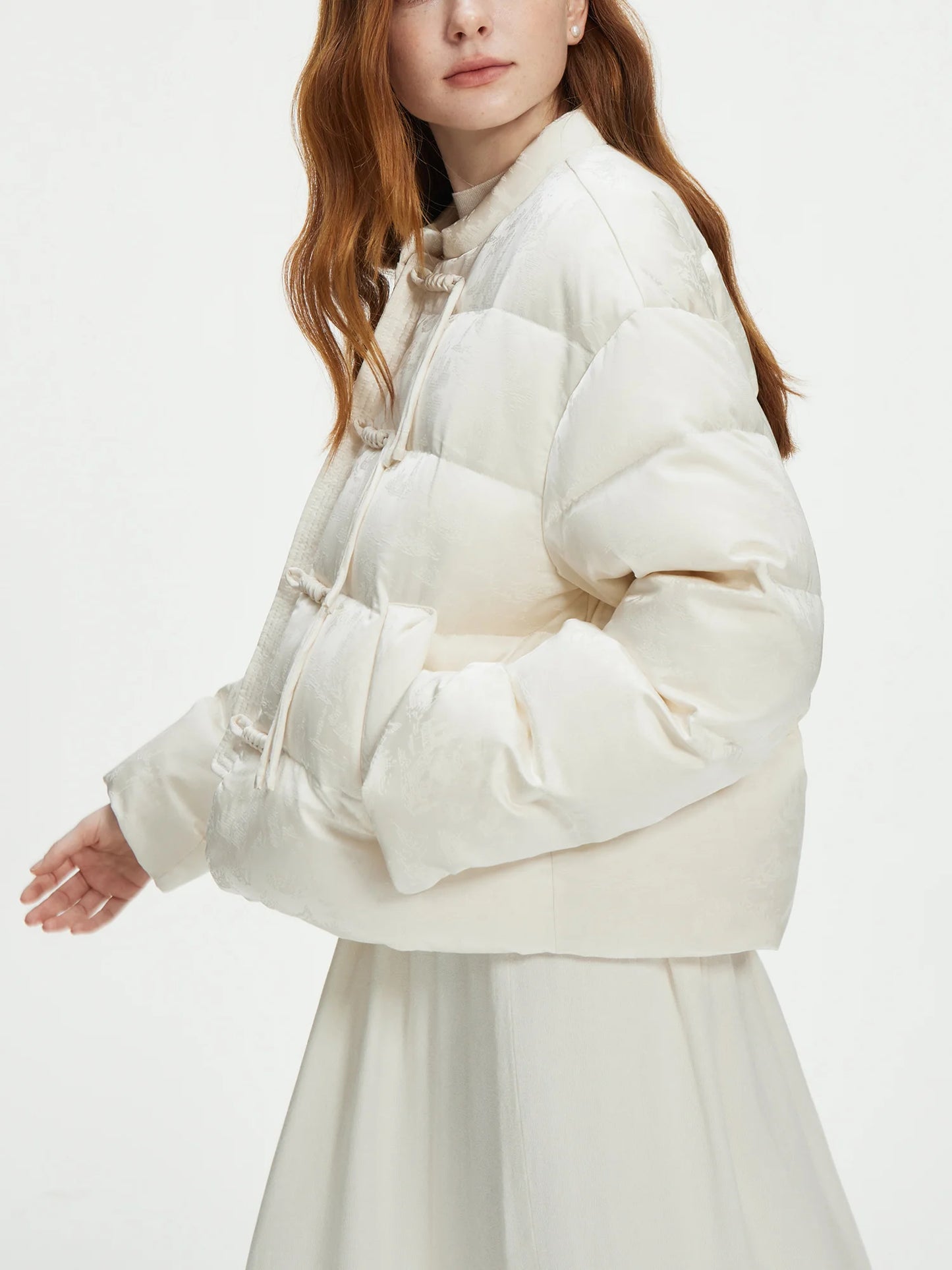 FSLE 115.2G Filling Amount Stand-up Collar New Chinese Style Down Coat For Women 2024 New Jacquard Warm Casual Jacket 24FS14068