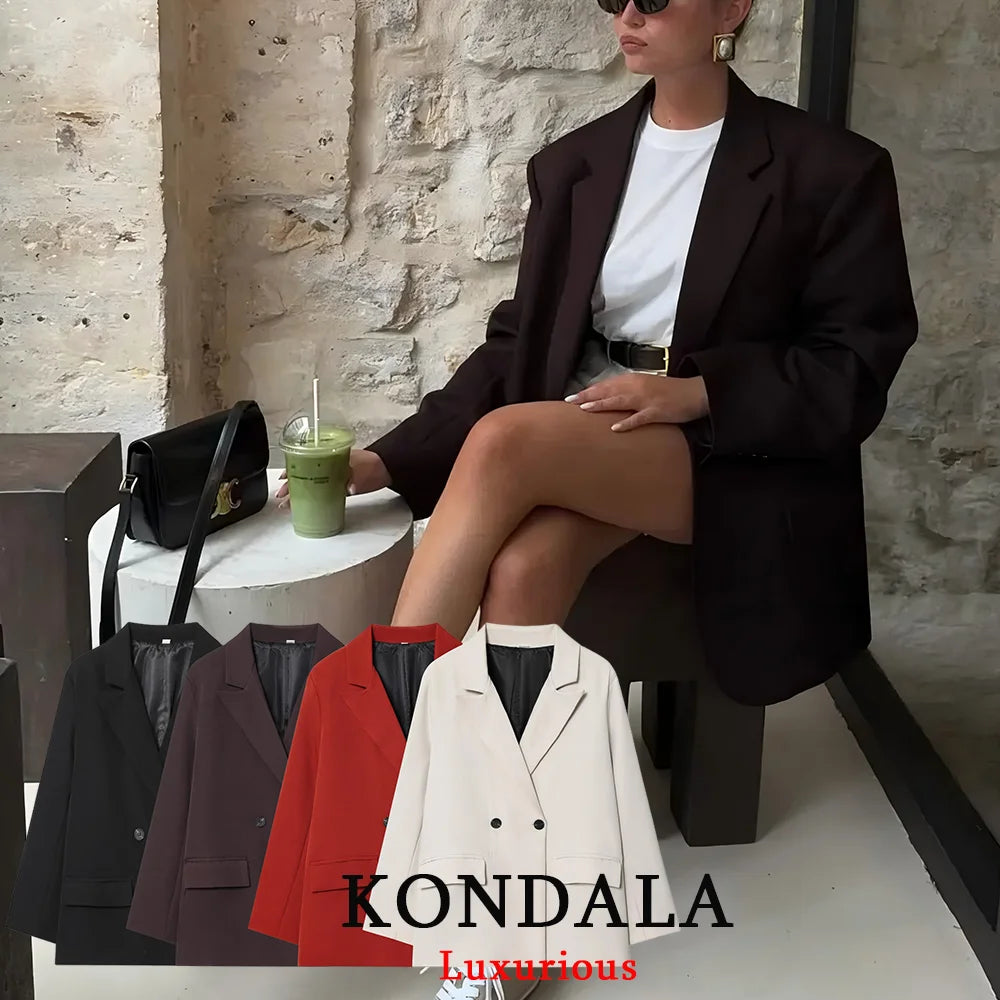 KONDALA Chic Brown Oversized Blazer Women V Neck Double Buttons Loose Blazer Jacket Fashion 2025 Fall Office Lady Casual Outwear