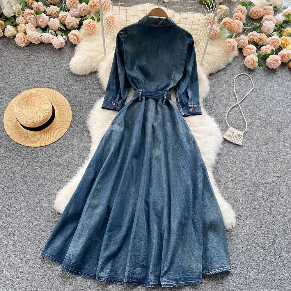 AYUALIN Denim Long Dress for Women Ethnic Floral Embroidery Boho A-line Casual Summer Vestidos Lapel Long Sleeve Dresses Lady