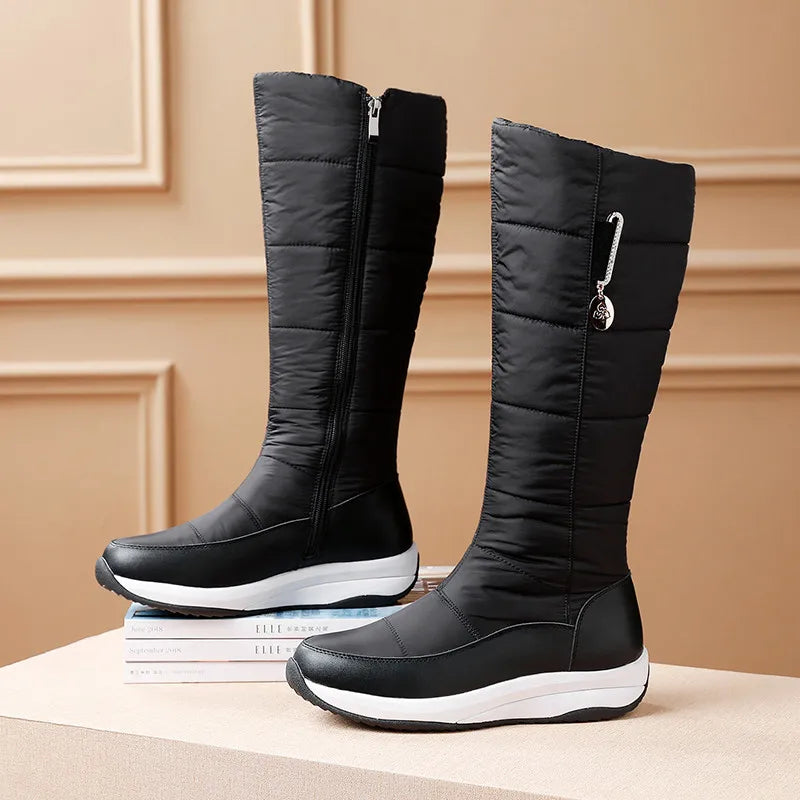 2025 Women Snow Boots Waterproof Down Plush Genuine Leather Red White Casual Travel Ladies Flat Heels Platform Knee High Boots
