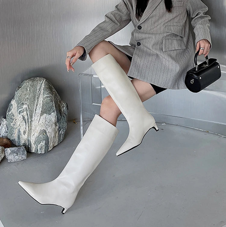 2025 Luxury Knee High Boots Women Wine Red Pointed Toe Kitten Heel Long Boots Wide Tube Bottes Santiags Femme Elegant Shoes