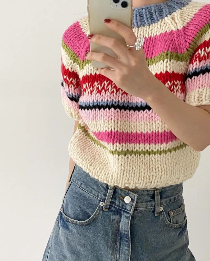 Chic Vintage Heavyweight Knitted Loose ort Sve Striped Sweater for Women Summer Collection oulder Sve
