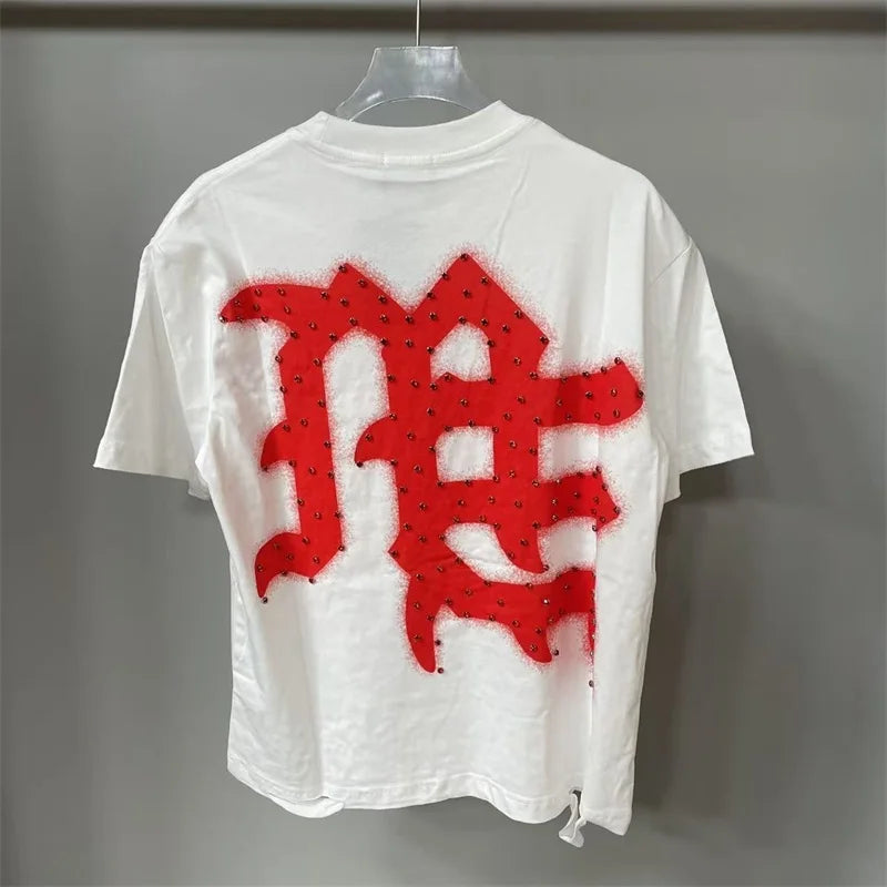 Oversized MIXED EMOTION White T-Shirts Men Women Pure Cotton Casual Red Hot Drill Letters Tshirts
