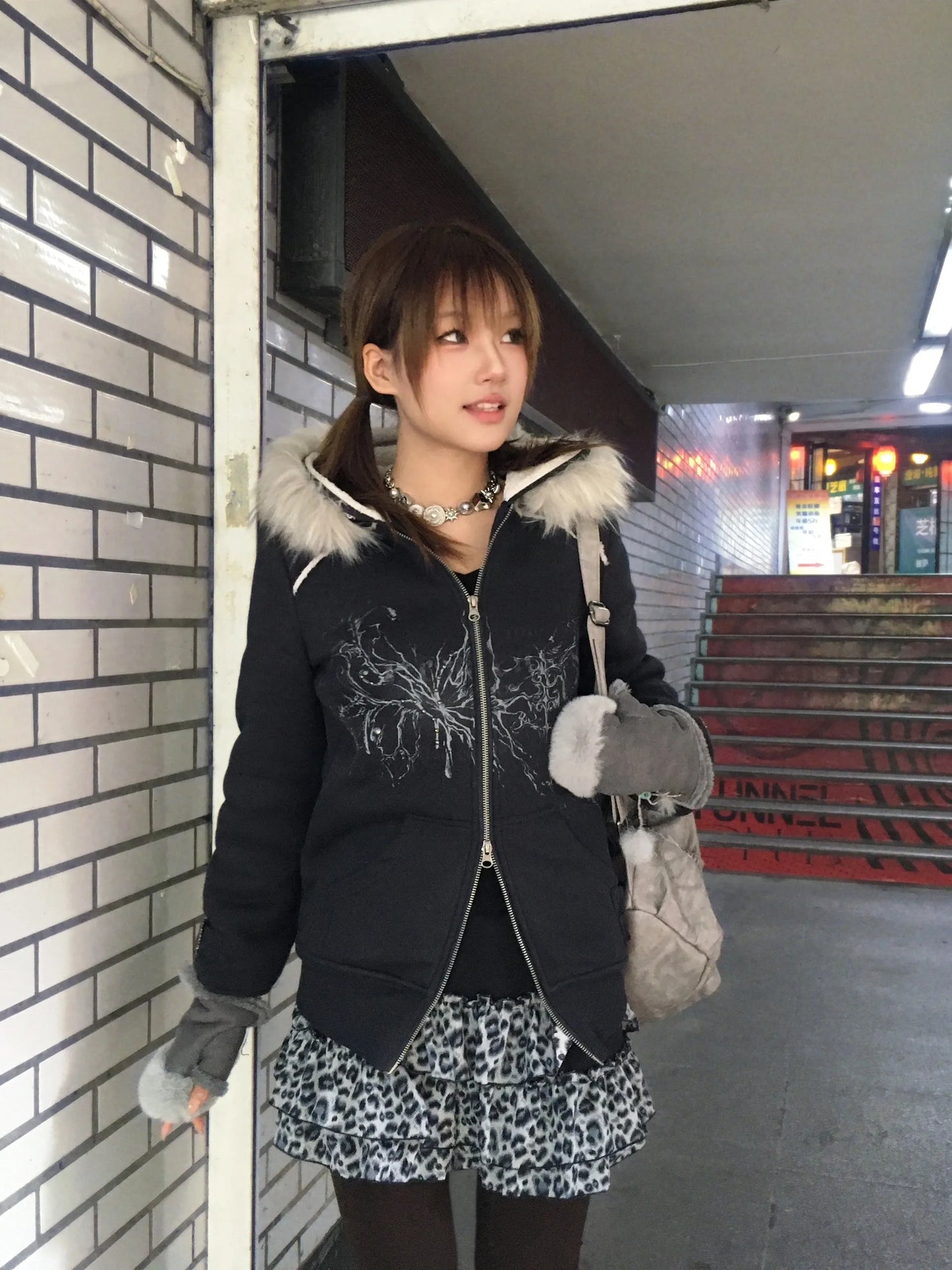 Karrram Japanese Y2k Fur Hooded Coat Grunge Aesthetics Tattoo Print Jacket Vintage Harajuku Double Zipper Outerwear Trashy 2000s