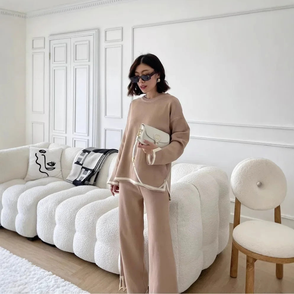2024 Autumn Collection Elegant Color Blocking Side Slit Long Sleeve Knitted Top High-Waisted Slimming Bell Bottom Trousers Two-P