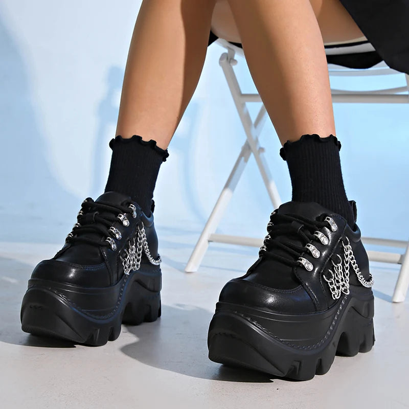 Gothic Punk Chunky Sneakers for Women Black Chain Decor Platform Sports Shoes Woman Thick Sole Non Slip Punk Sneakers Plus Size