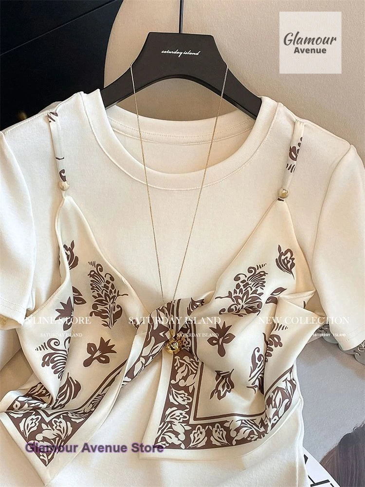 French fashion design chic printed silk scarf sling fake two-piece T-shirt women's summer new loose casual Joker slim top
