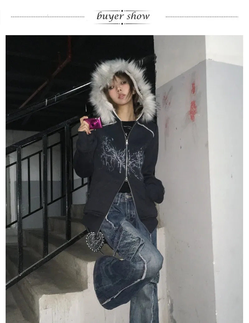 Karrram Japanese Y2k Fur Hooded Coat Grunge Aesthetics Tattoo Print Jacket Vintage Harajuku Double Zipper Outerwear Trashy 2000s