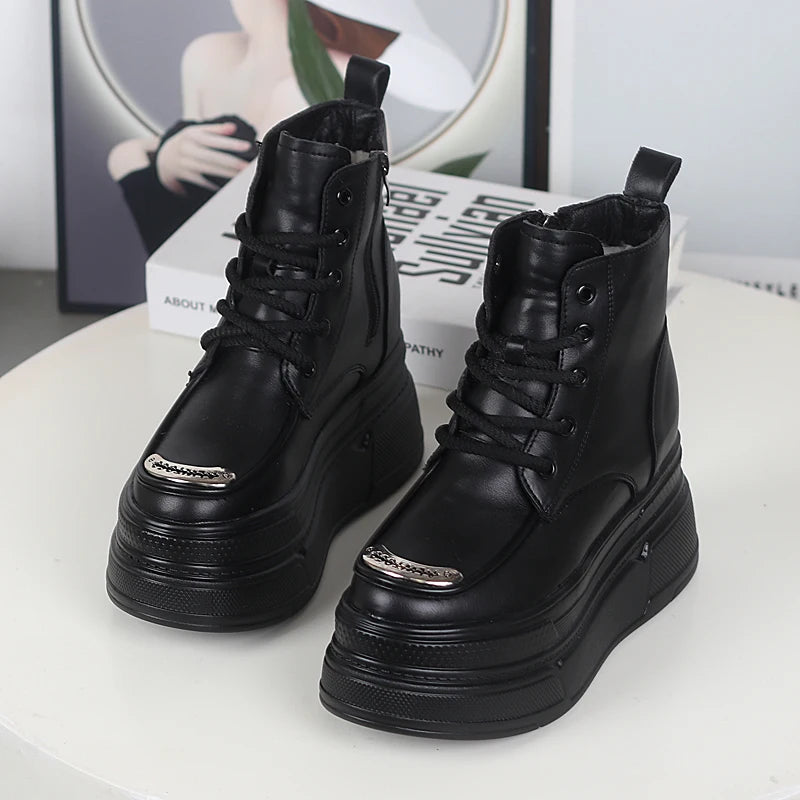 12CM Genuine Leather Winter Autumn Chimney Plush Spring Ankle Booties Fashion ZIP Women Moccasins Platform Wedge Shoes