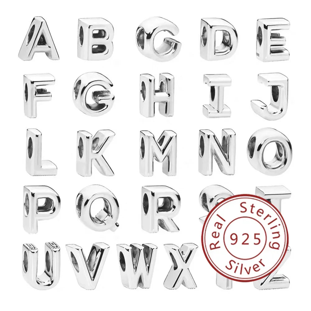 Silver 925 26 Letter A-Z Alphabet Charm Fine Beads Fit Original Charms Silver Bracelet DIY Fine Jewelry for Women Gifts Making