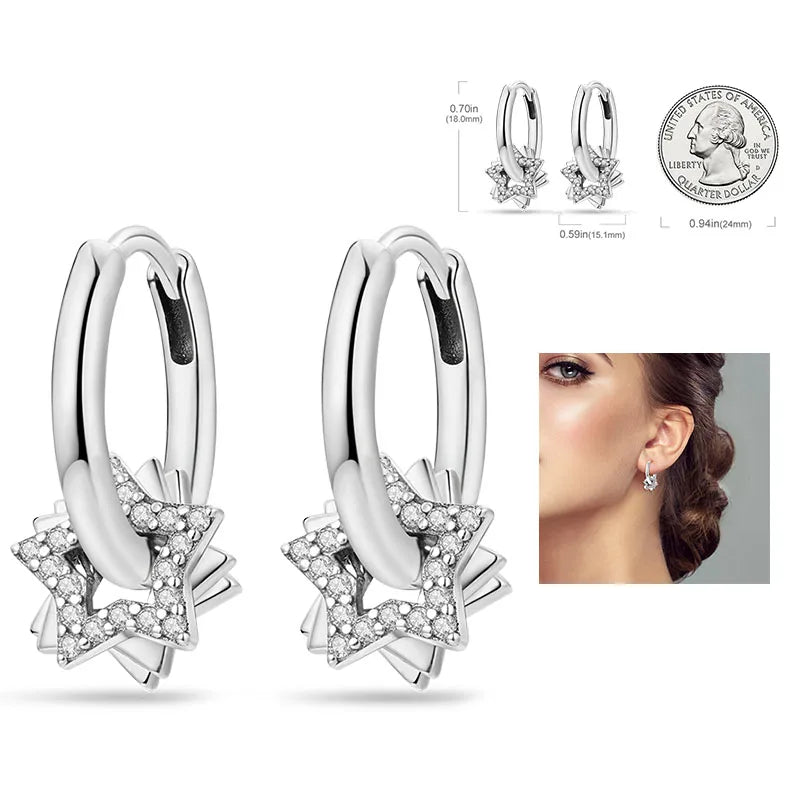 925 Silver Hoop Earrings For Woman Pendientes Zircon Heart Shape Star Eardrop Original Earring Fashion Jewelry