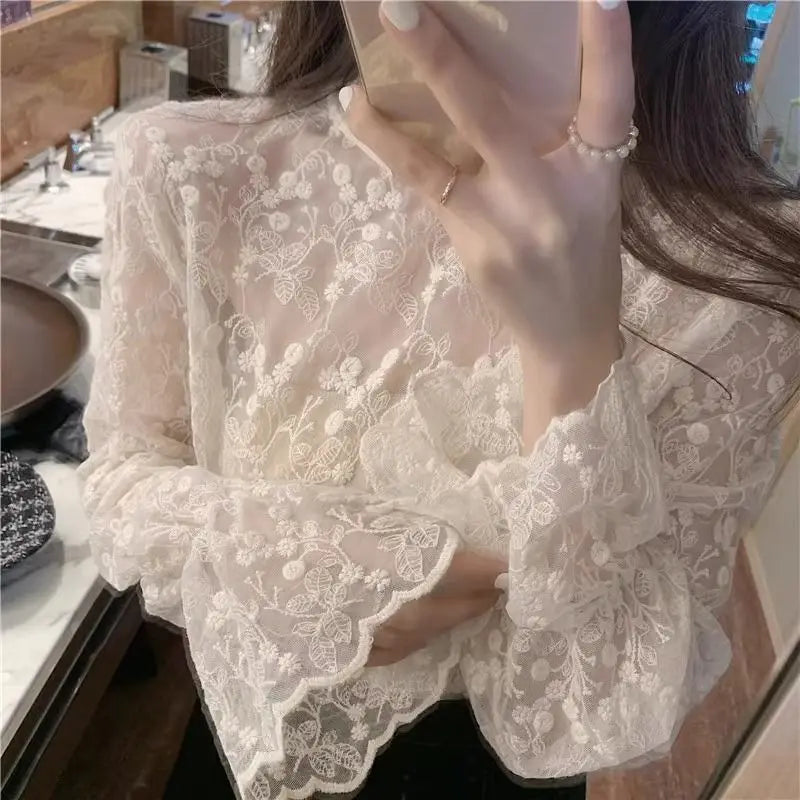Lace Long Sleeve Shirts Women Plus-velvet Slim Basic Mock Neck Hollow Embroidery Autumn Winter Tops Gentle Elegant Chic Female