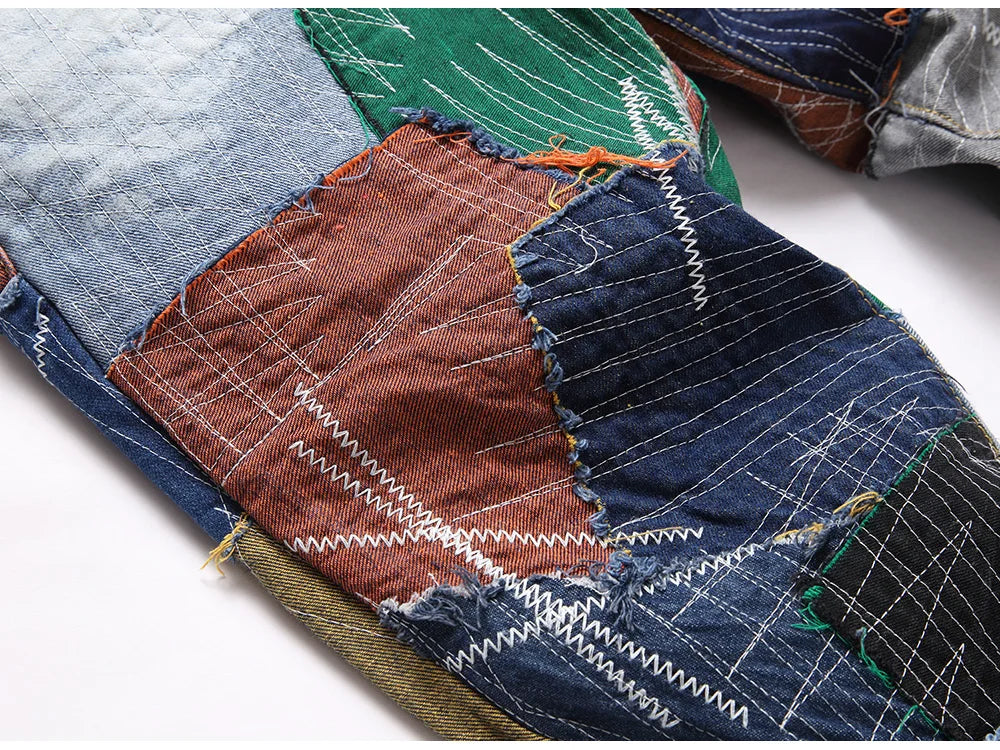 Men Patchwork Denim Jeans Release Hem Colorful Patches Embroidery Pants Non Stretch Cotton Slim Straight Trousers