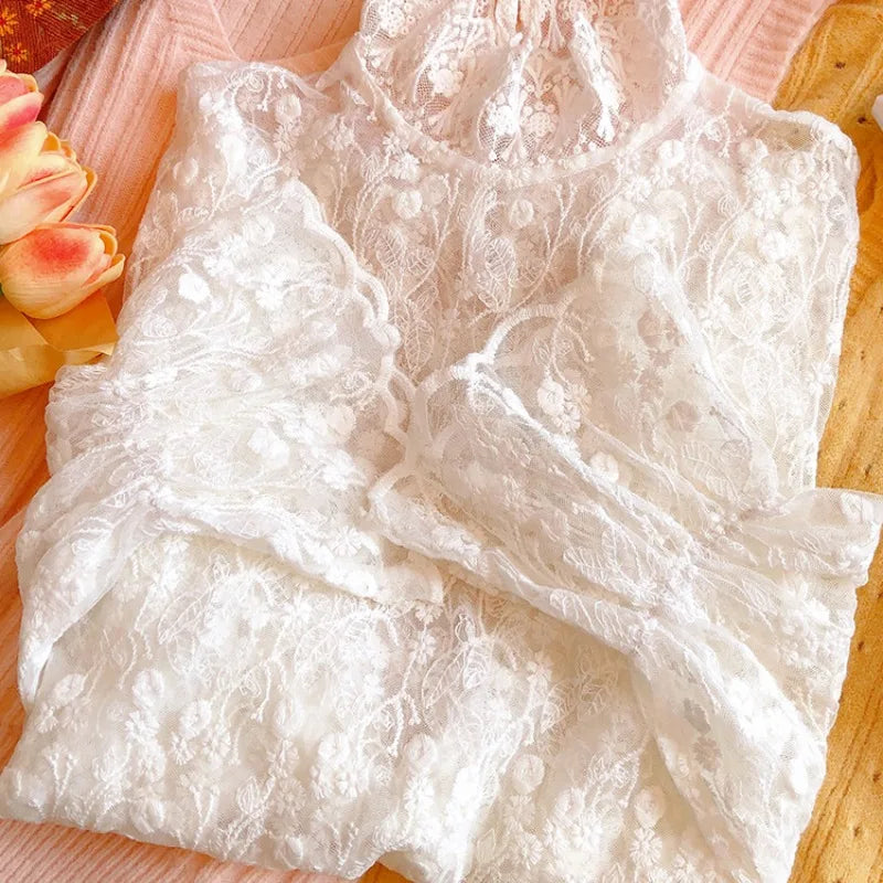 Lace Long Sleeve Shirts Women Plus-velvet Slim Basic Mock Neck Hollow Embroidery Autumn Winter Tops Gentle Elegant Chic Female
