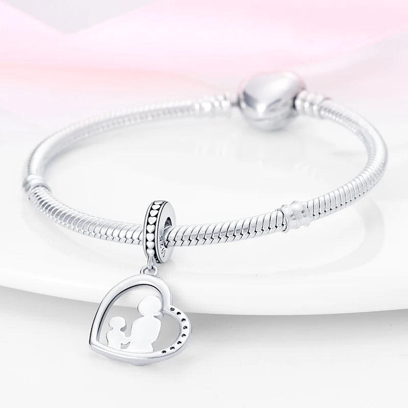 925 Sterling Silver Classic Mom and Daughter Heart Shaped Charms Pendants Fit Pandach Original Bracelet DIY Mother's Day Jewelry
