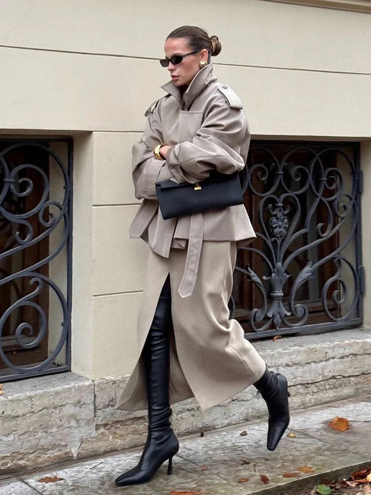 Solid Lapel Lace Up Trench Coat For Women Fashion Long Sleeves Wide Shoulder Short Loose Coat 2025 New Autumn Commute Outwear