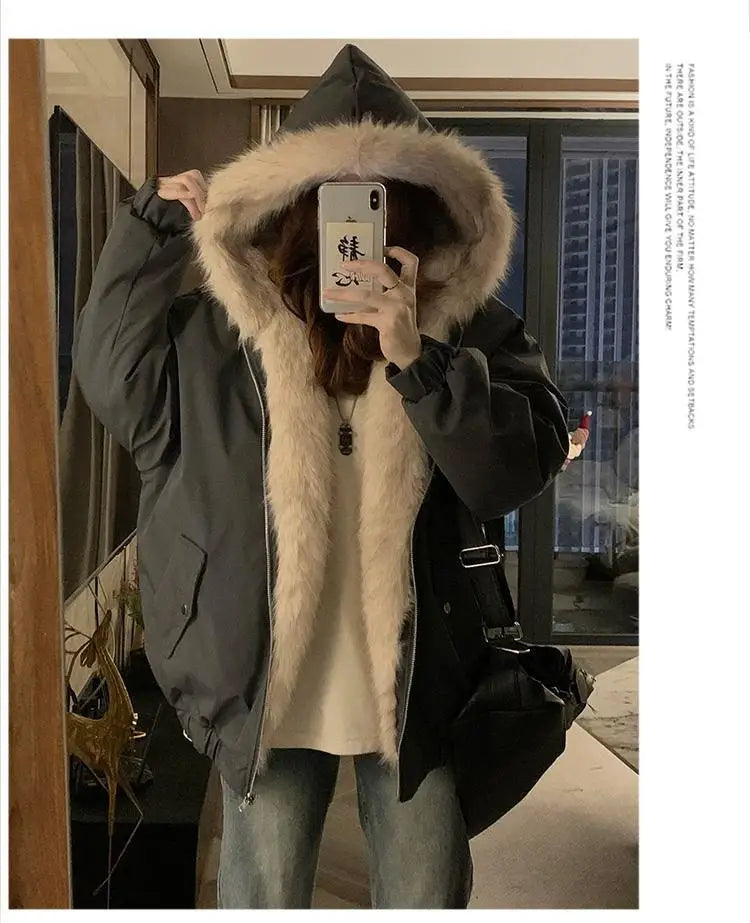 Double-Sided Warm Fur Coat Women Autumn Winter Loose Thicken Plush Cotton Coat 2025 New Women Hooded Imitation Mink Fur Outwear