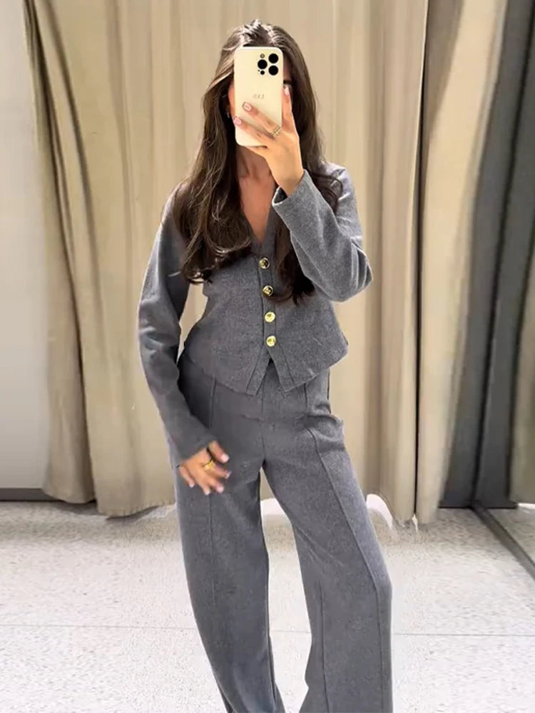 Casual Knitted Pant Suit Women Solid V-neck Full Sleeve Button Jacket Wide Trouser 2025 Autumn Fashion 2 Pieces Set Lady Outfits