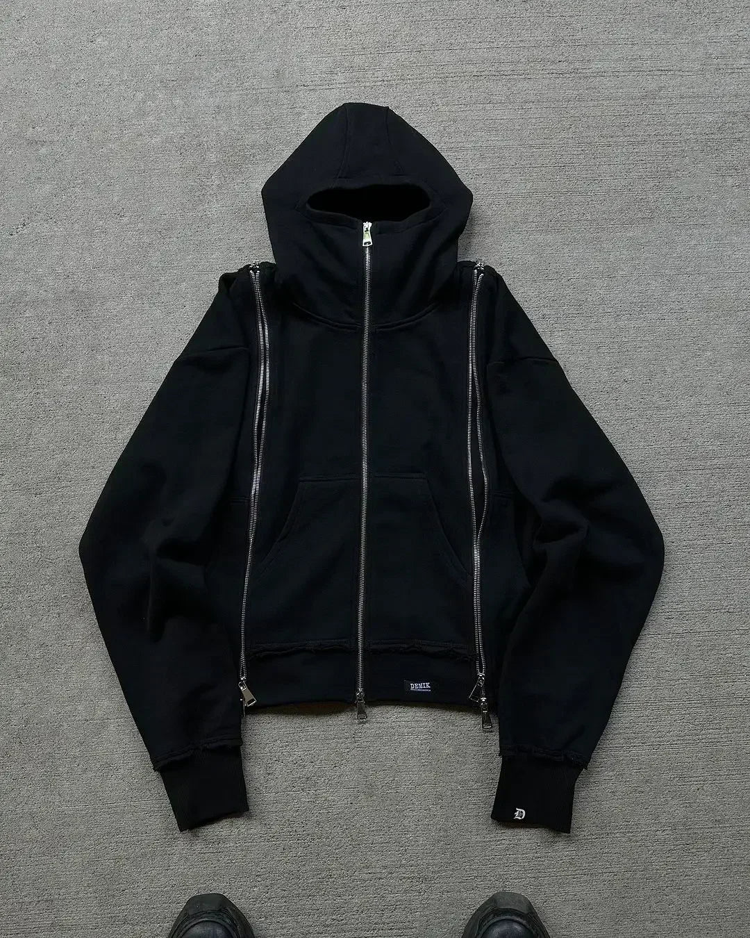 Black Hip Hop Men Zipper Hooded Sweatshirt Double-Waist Zipper Suit American Vintage Retro Fashion New Trend Streetwear