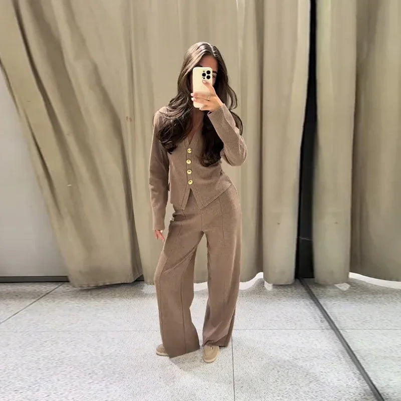 Casual Knitted Pant Suit Women Solid V-neck Full Sleeve Button Jacket Wide Trouser 2025 Autumn Fashion 2 Pieces Set Lady Outfits