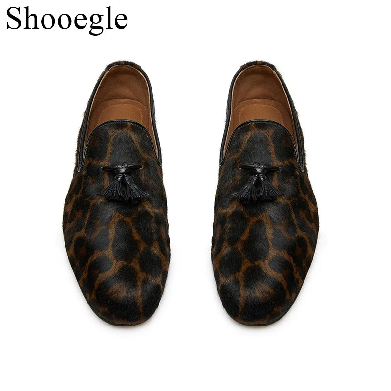 Tassels Leopard-print Low-heel Animal Print Pattern Loafers Foot Groove Design Party Wedding Office Casual Shoes Men