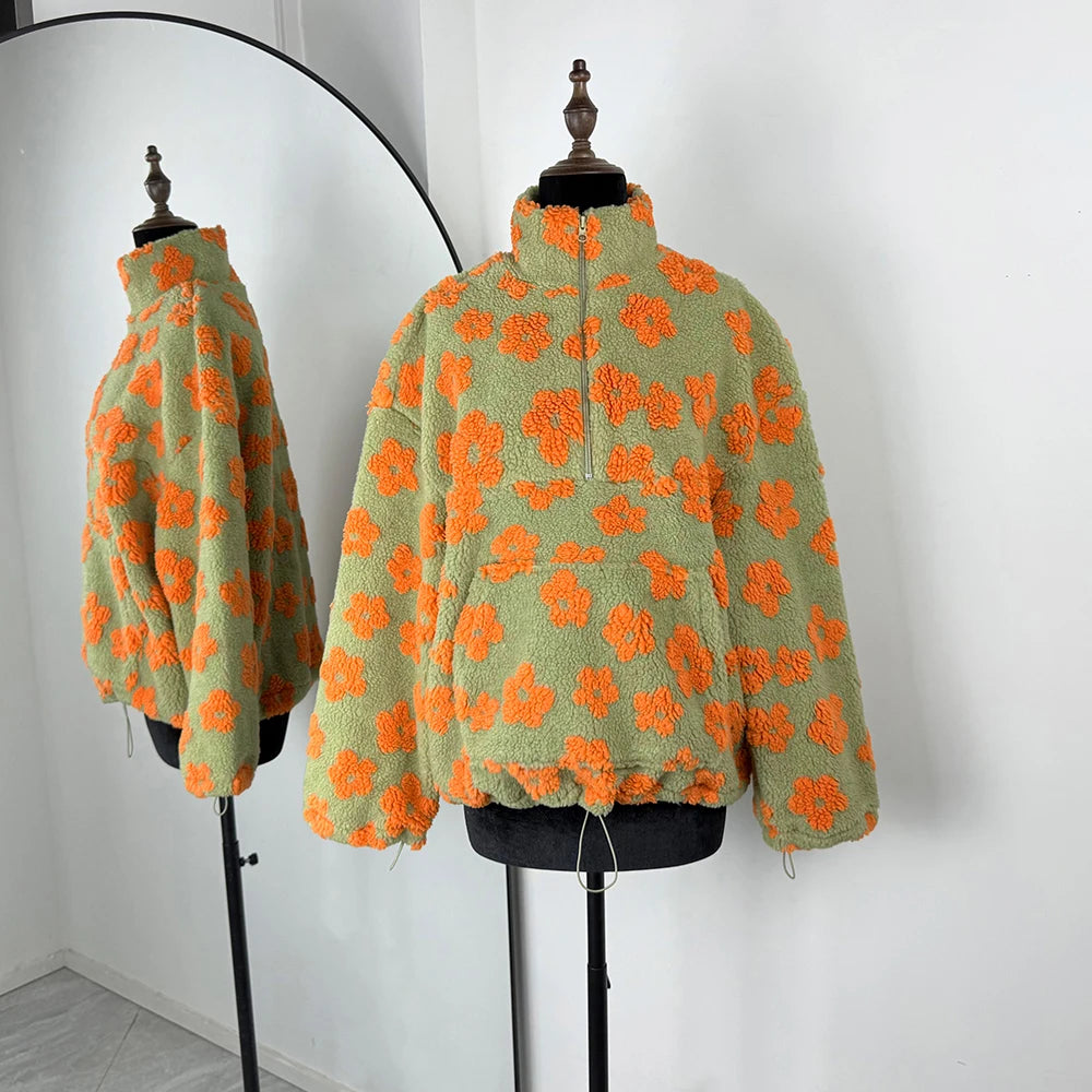 Talenza Fashion Print Pullover Contrast Oversized Zipper Knit Long-Sleeve Top Casual Warm Office Wear Vintage Women Sweatshirts