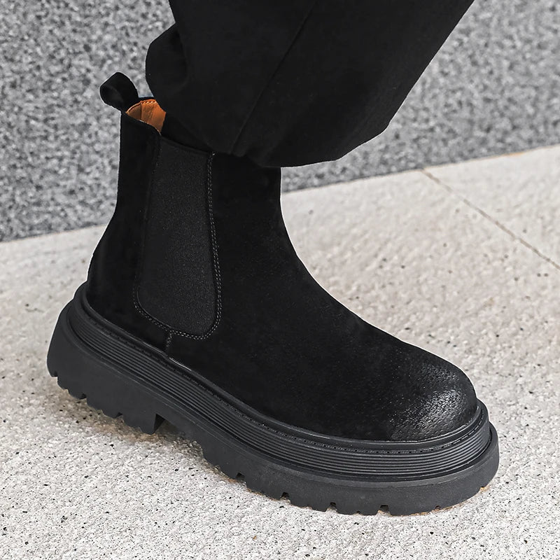 large size men casual party nightclub high chelsea boots slip-on cow suede leather shoes cowboy platform boot autumn winter bota