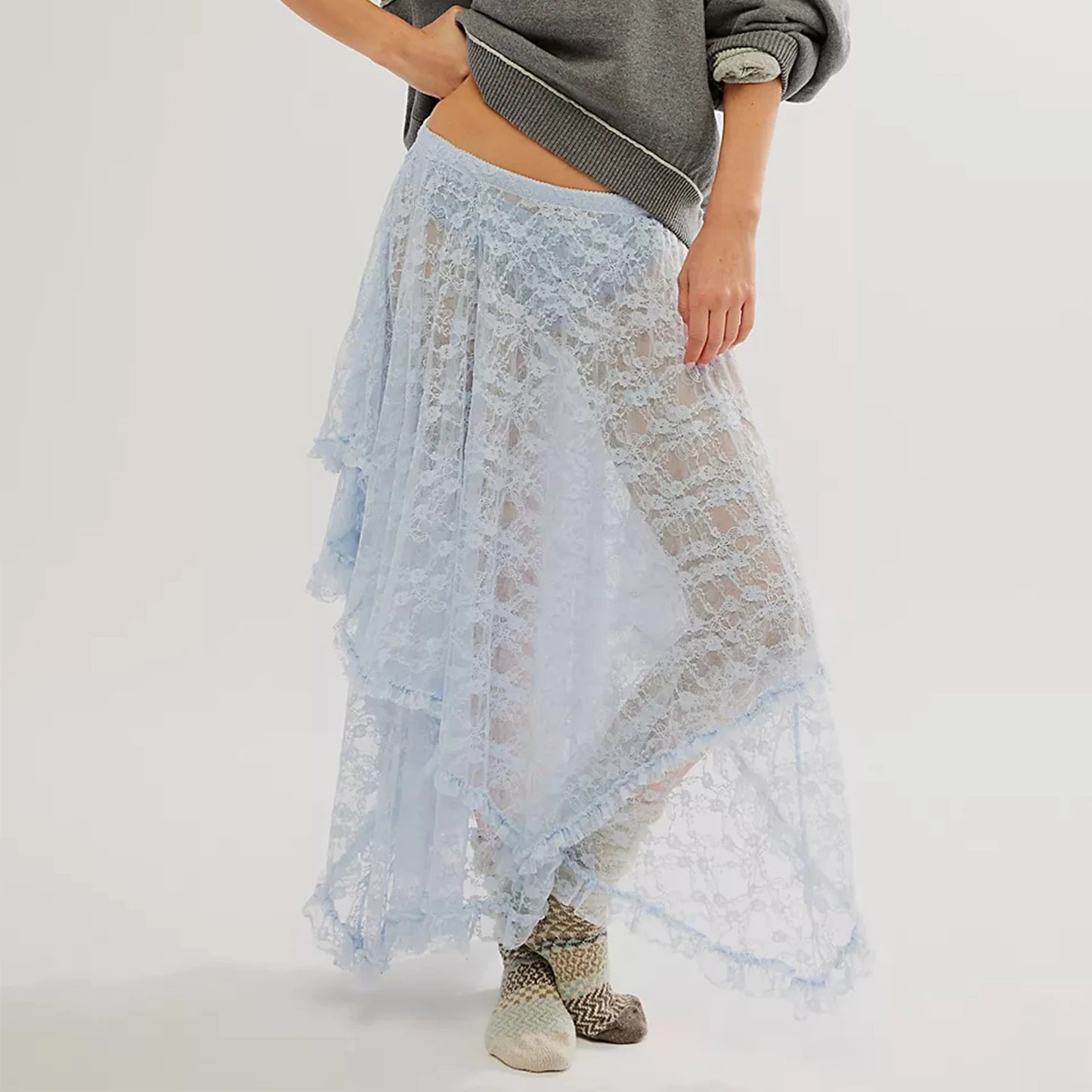 Vintage Lace Flower Women Midi Skirts Elastic High Waist Skirts Spring Summer Chic Irregular Hem Casual Female Skirts