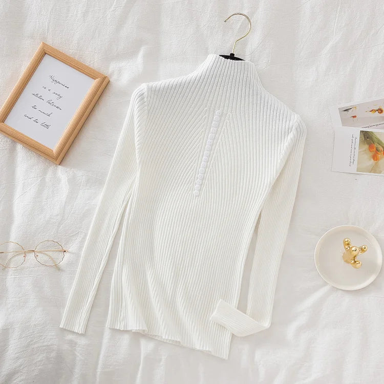 Women Turtleneck Pullovers Autumn Winter Jumper Knitted Basic Top Fashion Solid Color with Button Long Sleeve Ladies Sweater