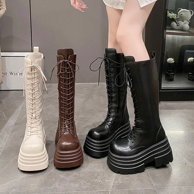 New Women's Roman Long Boots Autumn Winter Knee-high Leather Punk Shoes Chunky Platform Casual Knight Boots Botas Mujer 10CM