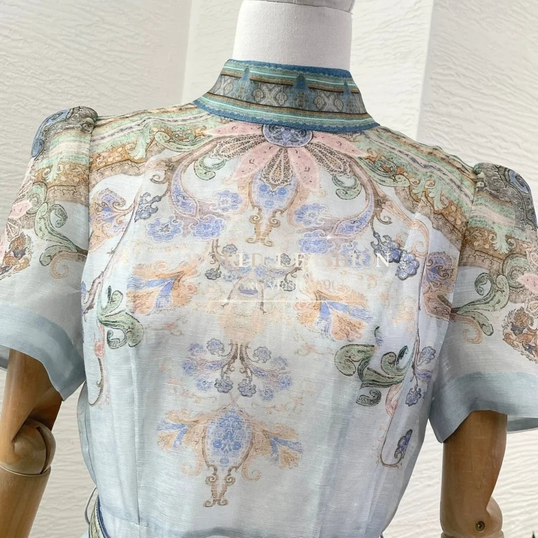 High Quality Blue Paisley Print Short Sleeve Stand Collar Midi Dress