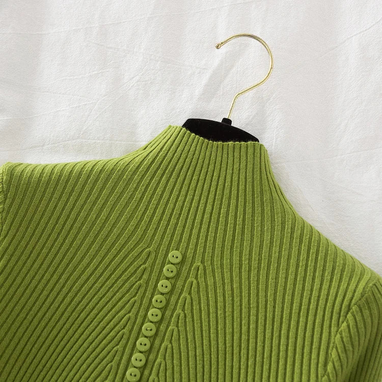 Women Turtleneck Pullovers Autumn Winter Jumper Knitted Basic Top Fashion Solid Color with Button Long Sleeve Ladies Sweater