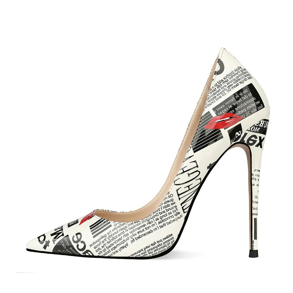 New Fashion White Artistic Graffiti Print Pointed Toe High Heel Shoes 8-12CM Women Sexy Stiletto Party Dress Shoes Plus Size 45