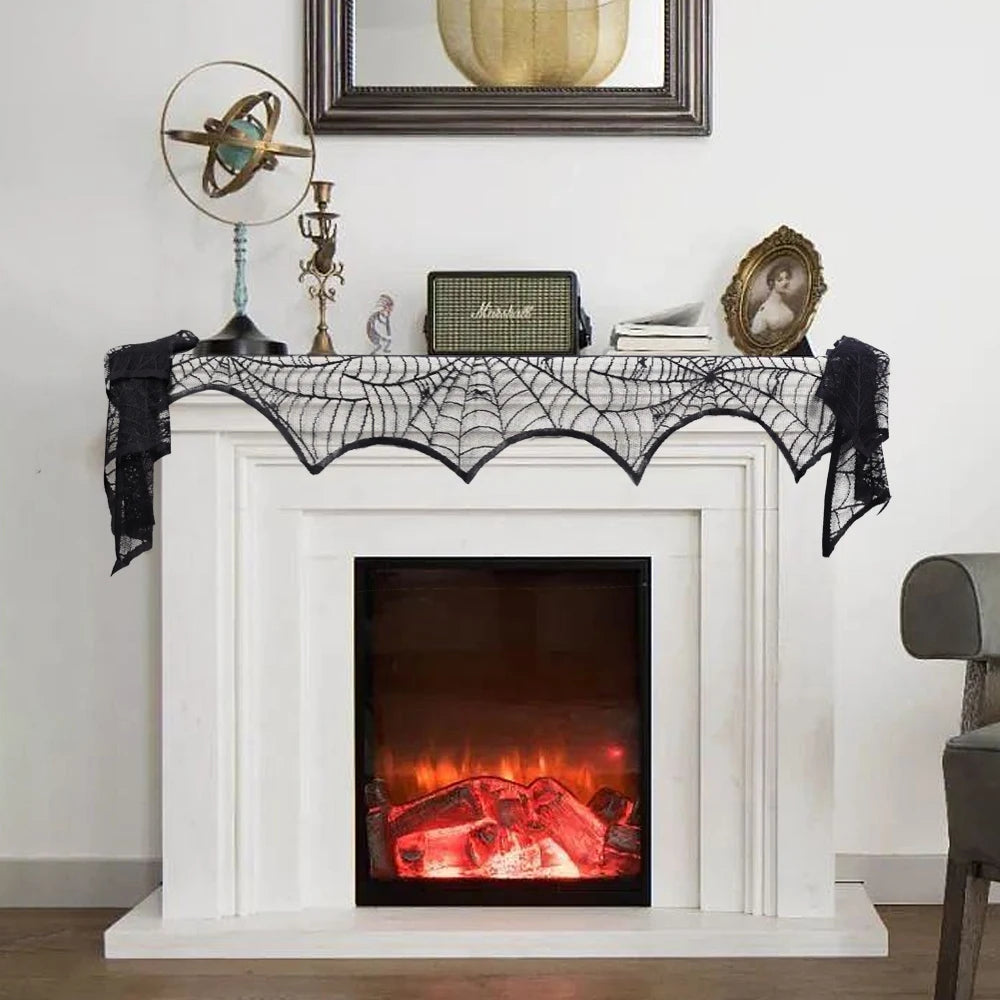 Hallowen Bat Spider Web Table Runner Door Curtain Lace Cobweb Fireplace Cover Lampshade Perfect for Gothic Halloween Decoration