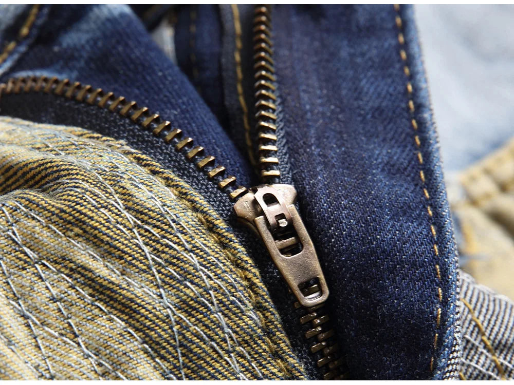 Men Patchwork Denim Jeans Release Hem Colorful Patches Embroidery Pants Non Stretch Cotton Slim Straight Trousers