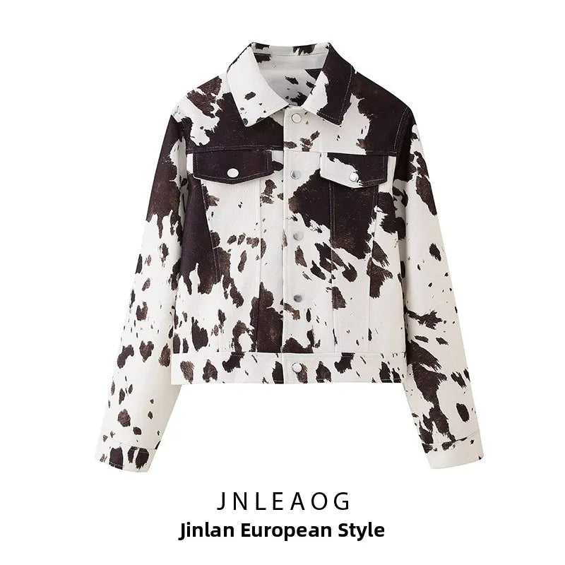 JNLEAOG Faion Animal Print Jaet Women's ort Outerwear Autumn New Sle Loose Fit Polyester Long Sve Button Closure